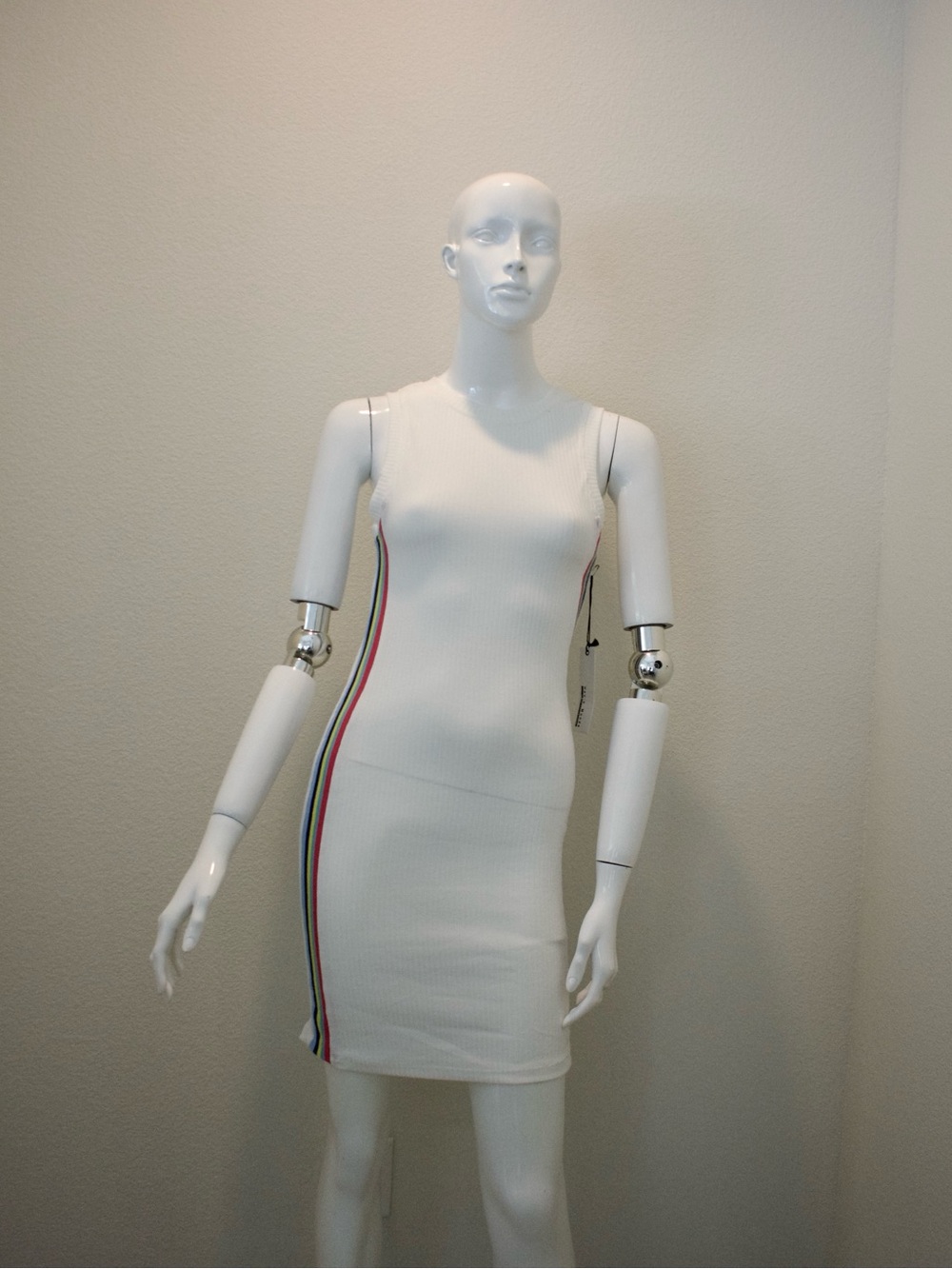 White Ribbed Tank Bodycon Dress with Rainbow Side Stripe